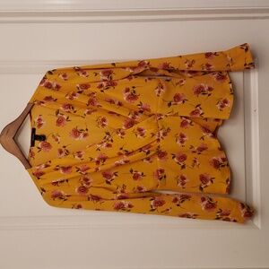 Forever 21 Gold Blouse Top Red Pink Roses Faux Wrap Button Front Peplum Large